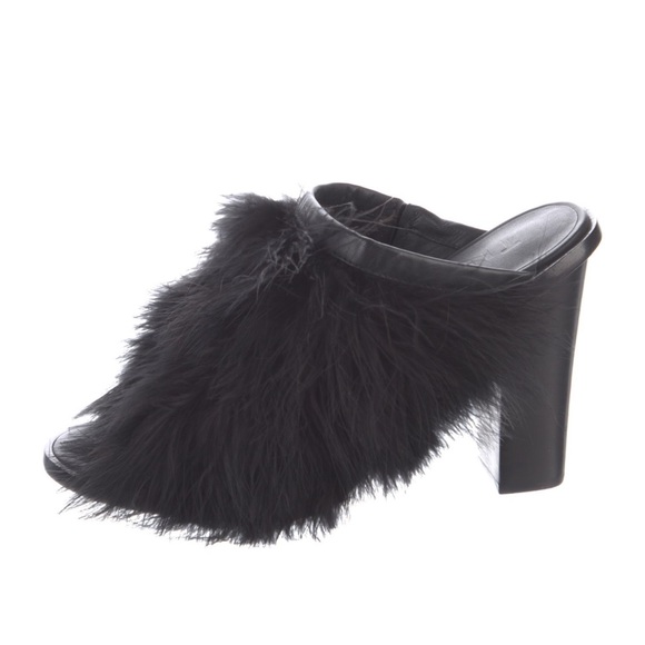 TIBI NEW Without Box Black Feather/Fur Black Mules with Leather Trim